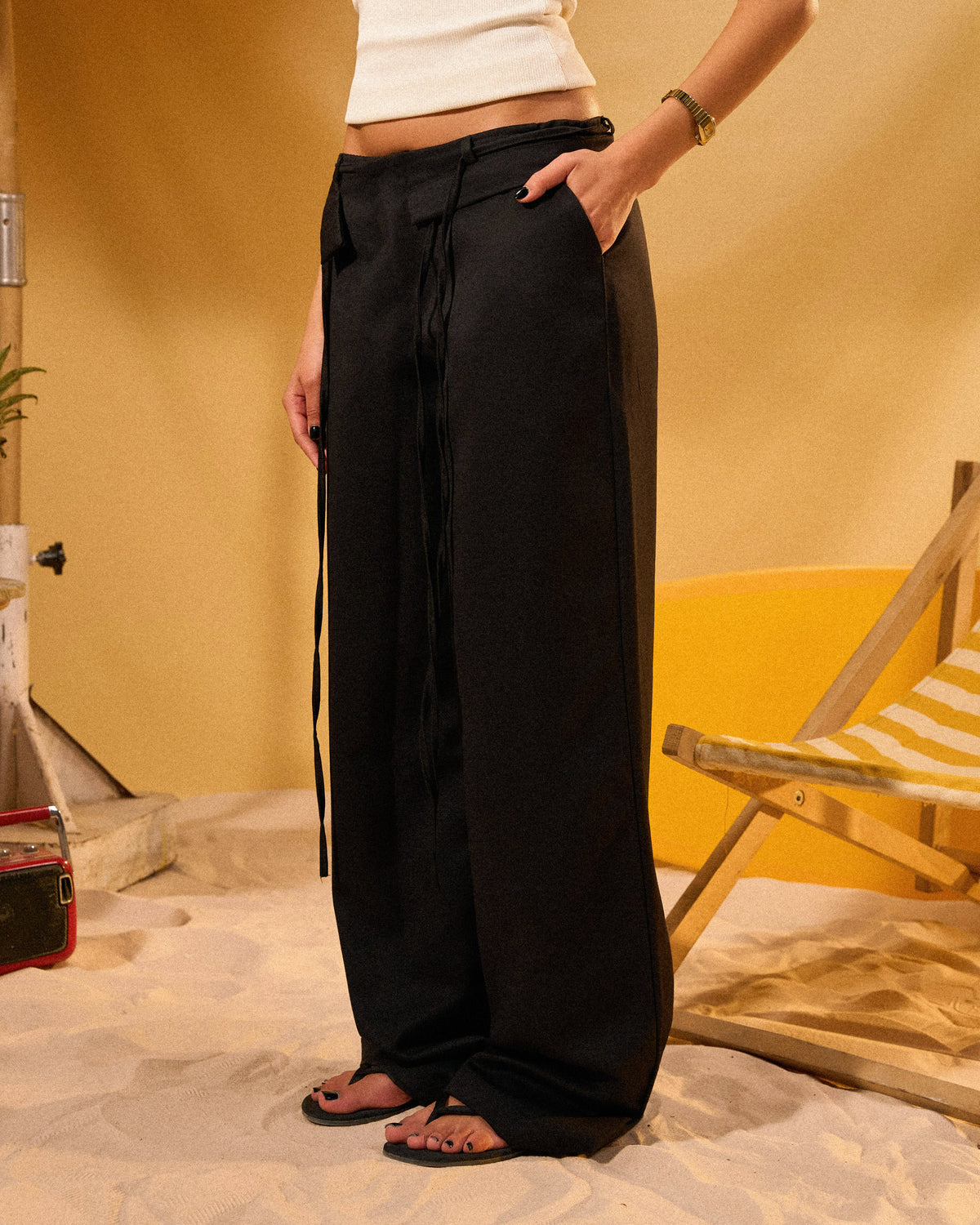 BLACK WOMEN'S RIBBON TIE FORMAL PANTS