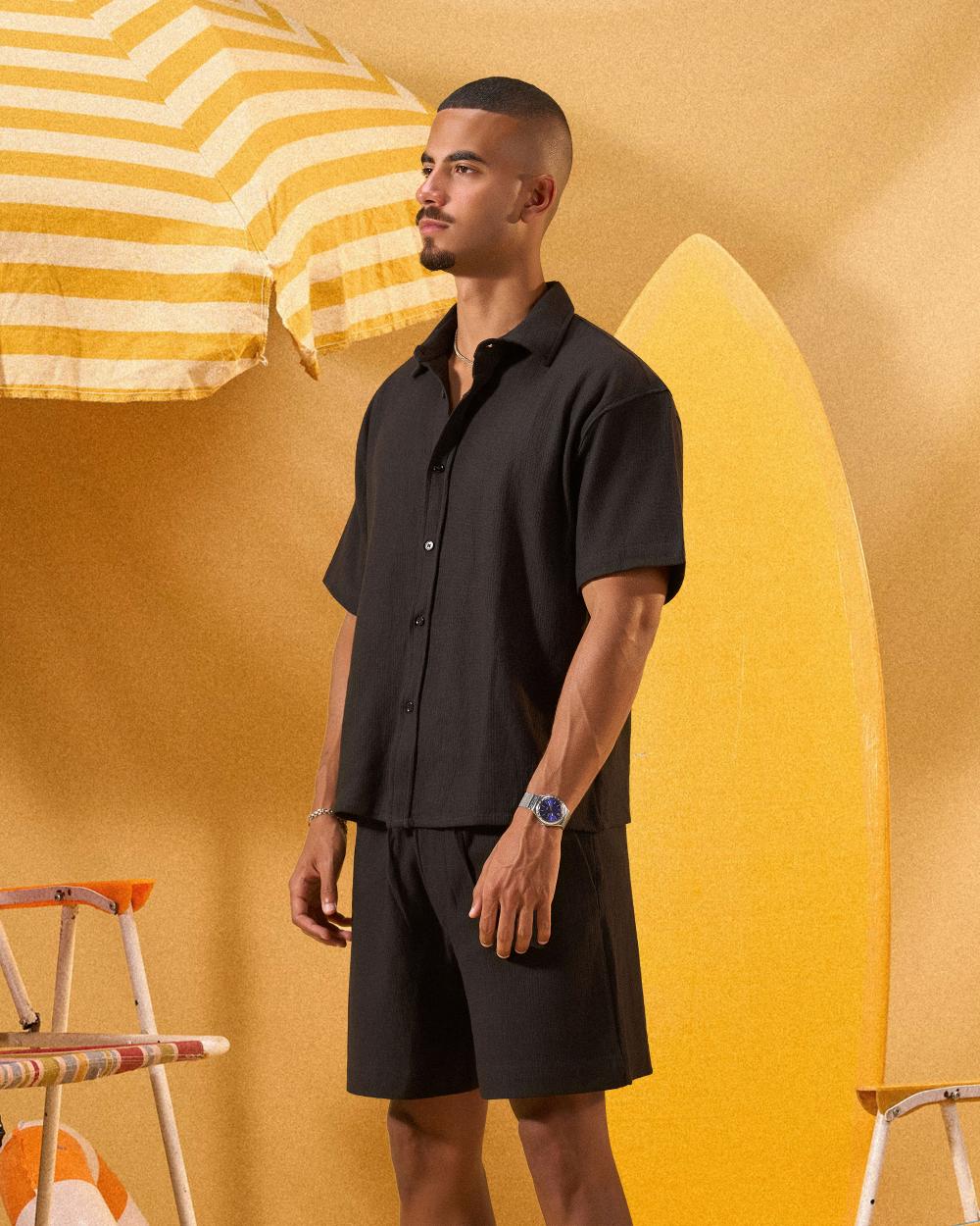 BLACK TEXTURED OVERSHIRT