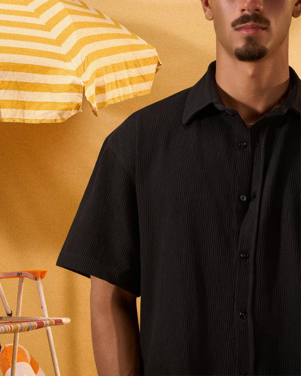 BLACK SOFT TEXTURE OVERSHIRT