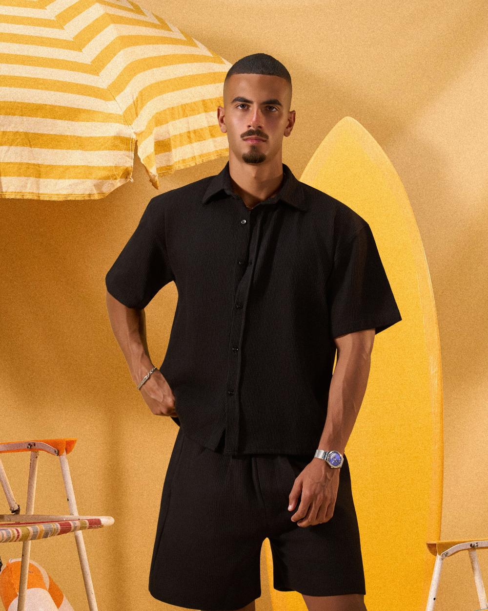 BLACK SOFT TEXTURE OVERSHIRT