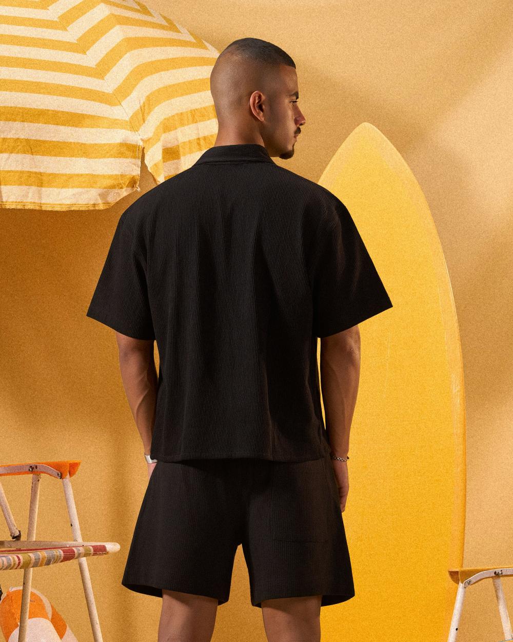 BLACK SOFT TEXTURE OVERSHIRT