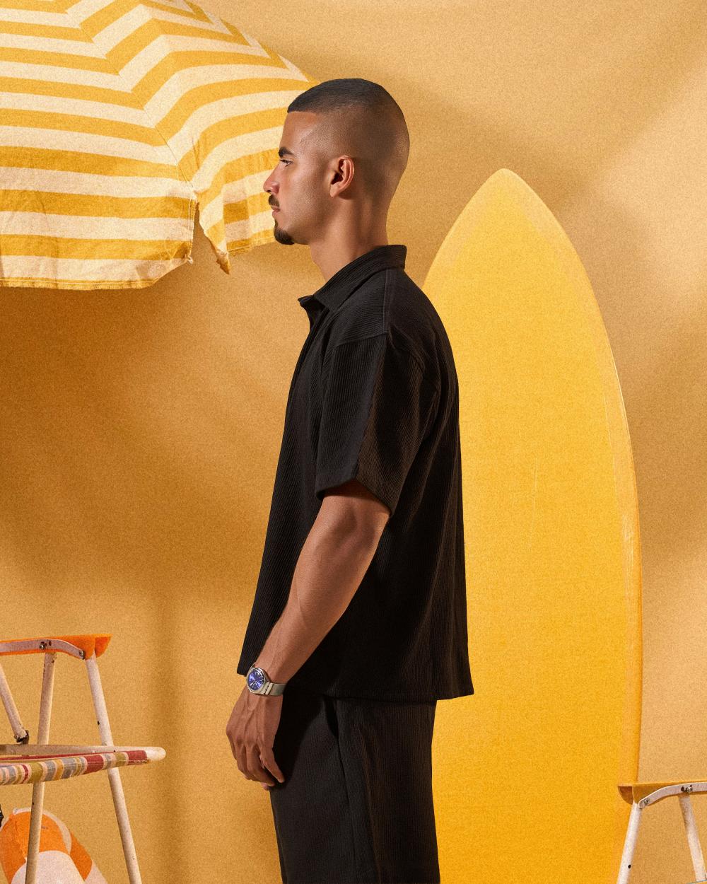 BLACK SOFT TEXTURE OVERSHIRT