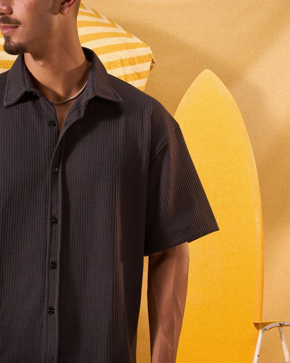 BLACK RELAXED RIBBED OVERSHIRT