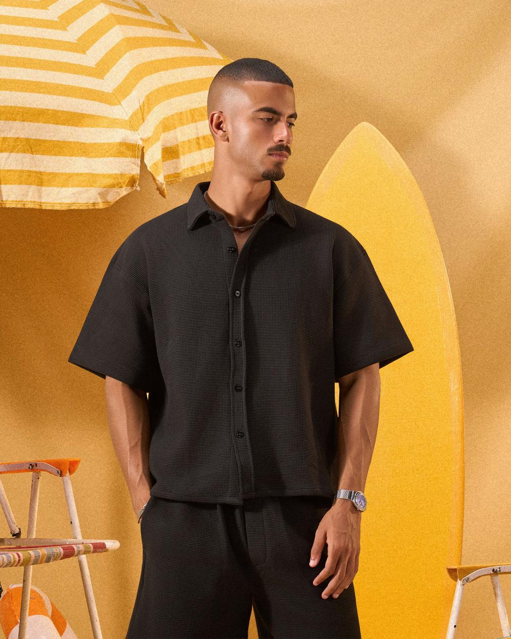 BLACK WAFFLE OVERSHIRT