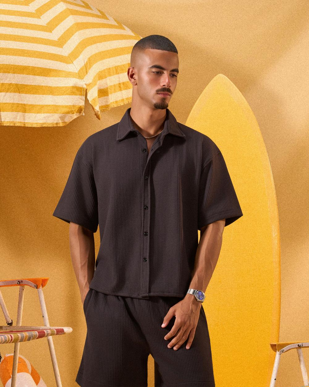 BLACK RELAXED RIBBED OVERSHIRT