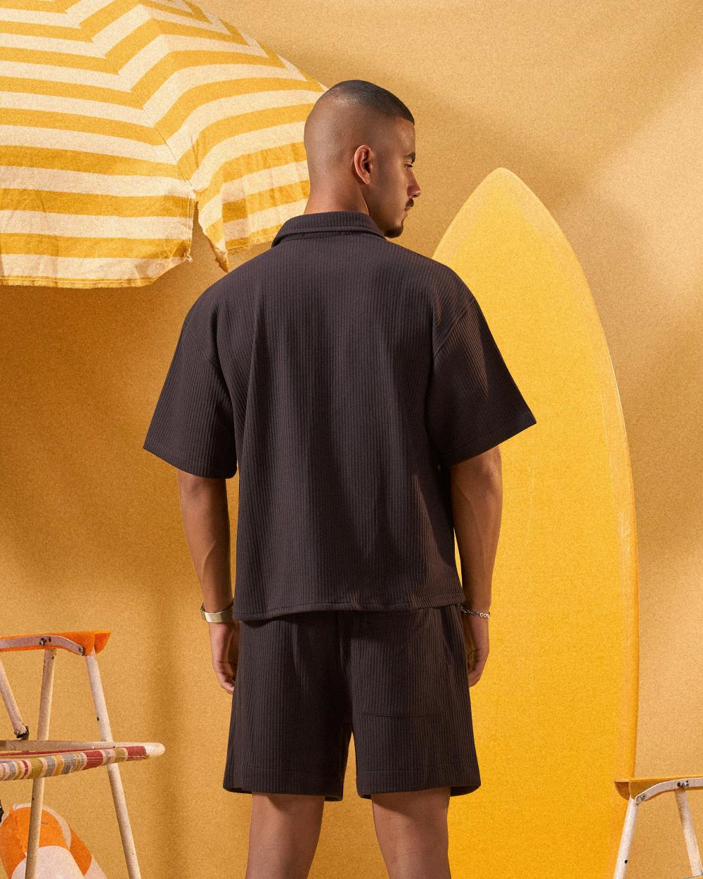 BLACK RELAXED RIBBED OVERSHIRT