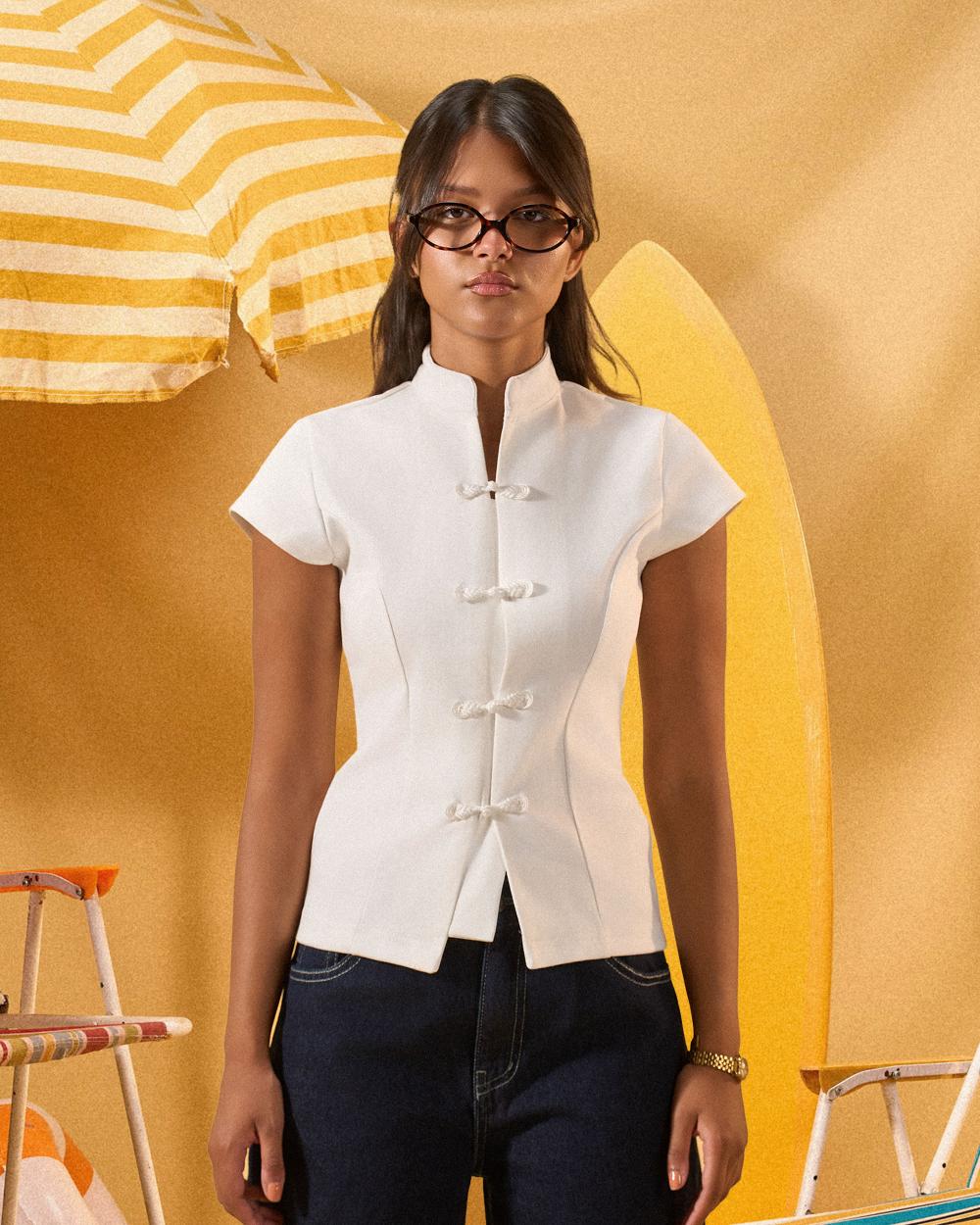 OFF WHITE BUTTON-UP MANDARIN TOP