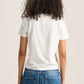 A person shown from the back wearing a plain white short-sleeve T-shirt and blue jeans against a light neutral studio background.