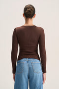 A woman viewed from the back wearing a fitted brown long-sleeve top and light blue jeans against a plain light background.
