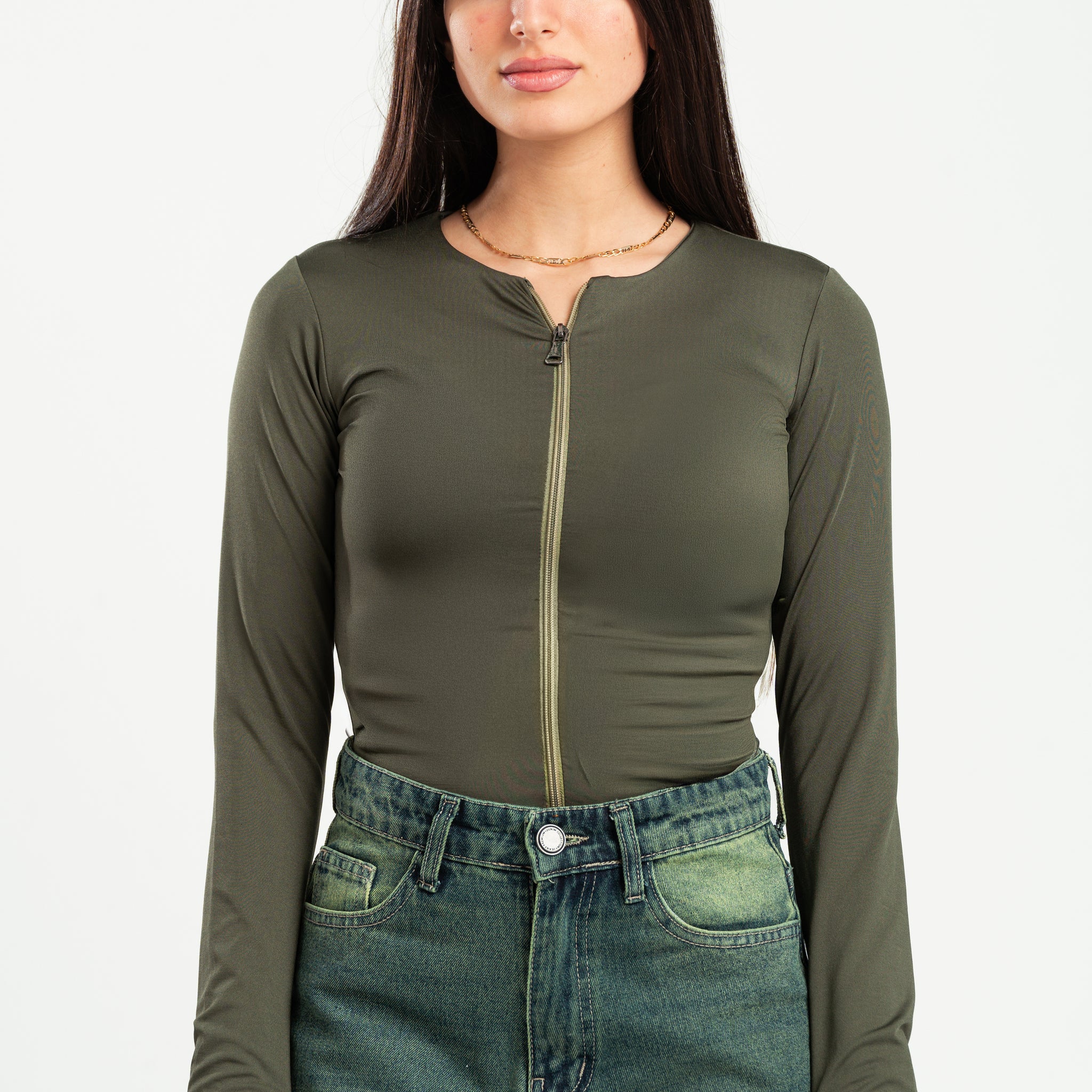 FOREST GREEN FULL-ZIPPER TOP