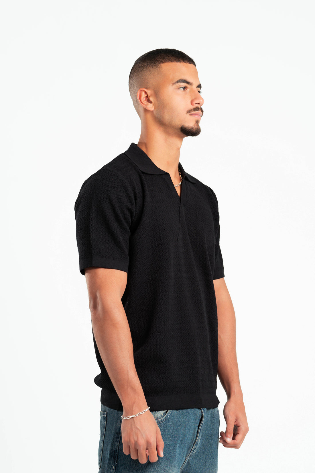 BLACK RIPPLED POLO TEE