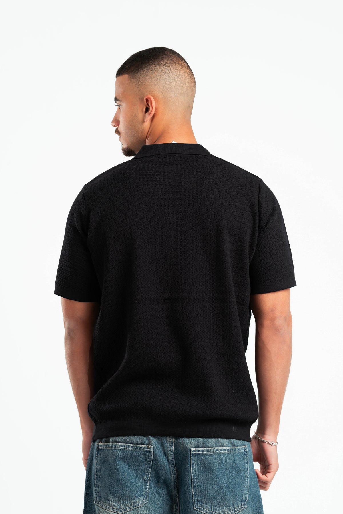 BLACK WAVY TEXTURE KNIT POLO 03