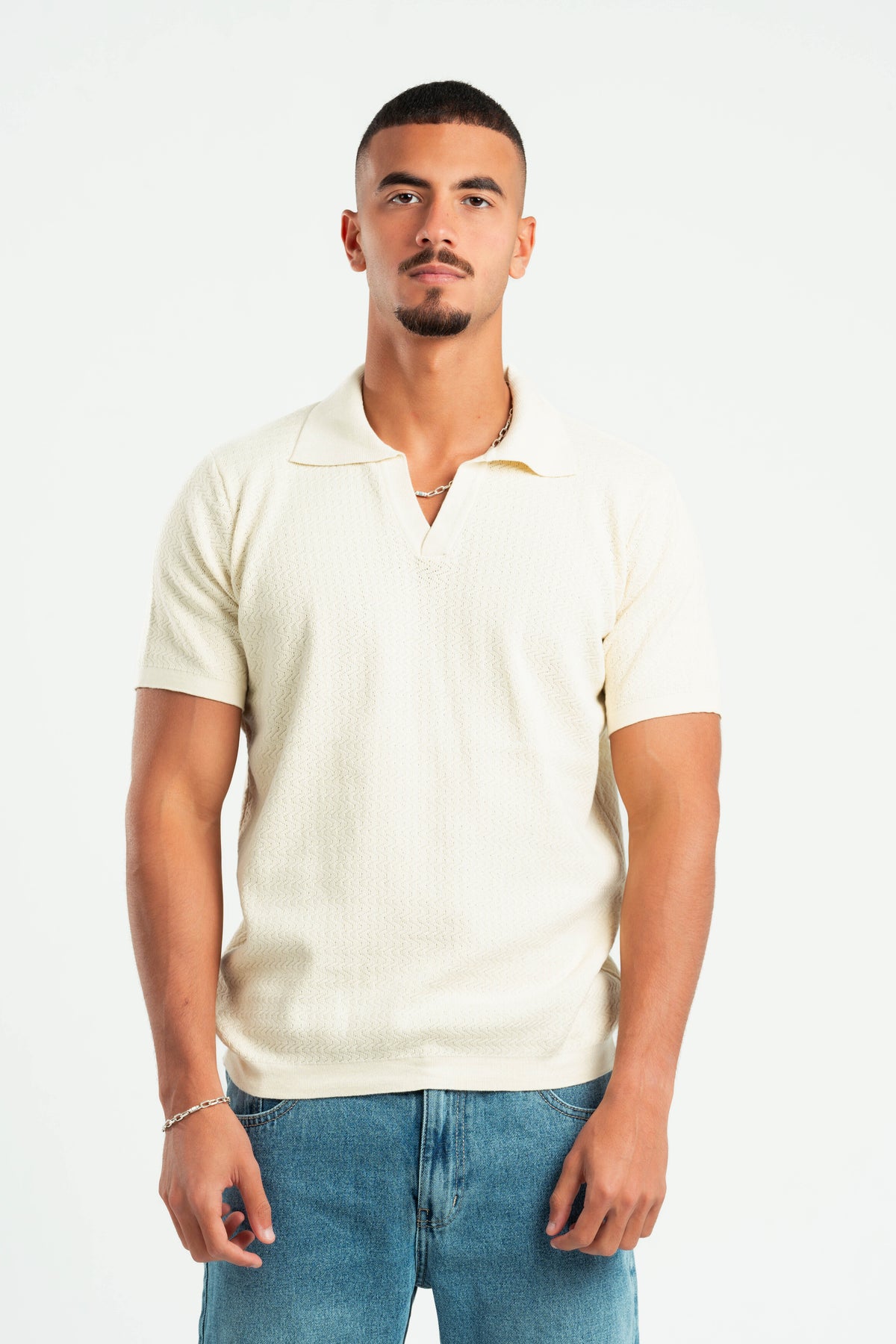 BEIGE WAVY TEXTURE KNIT POLO 03