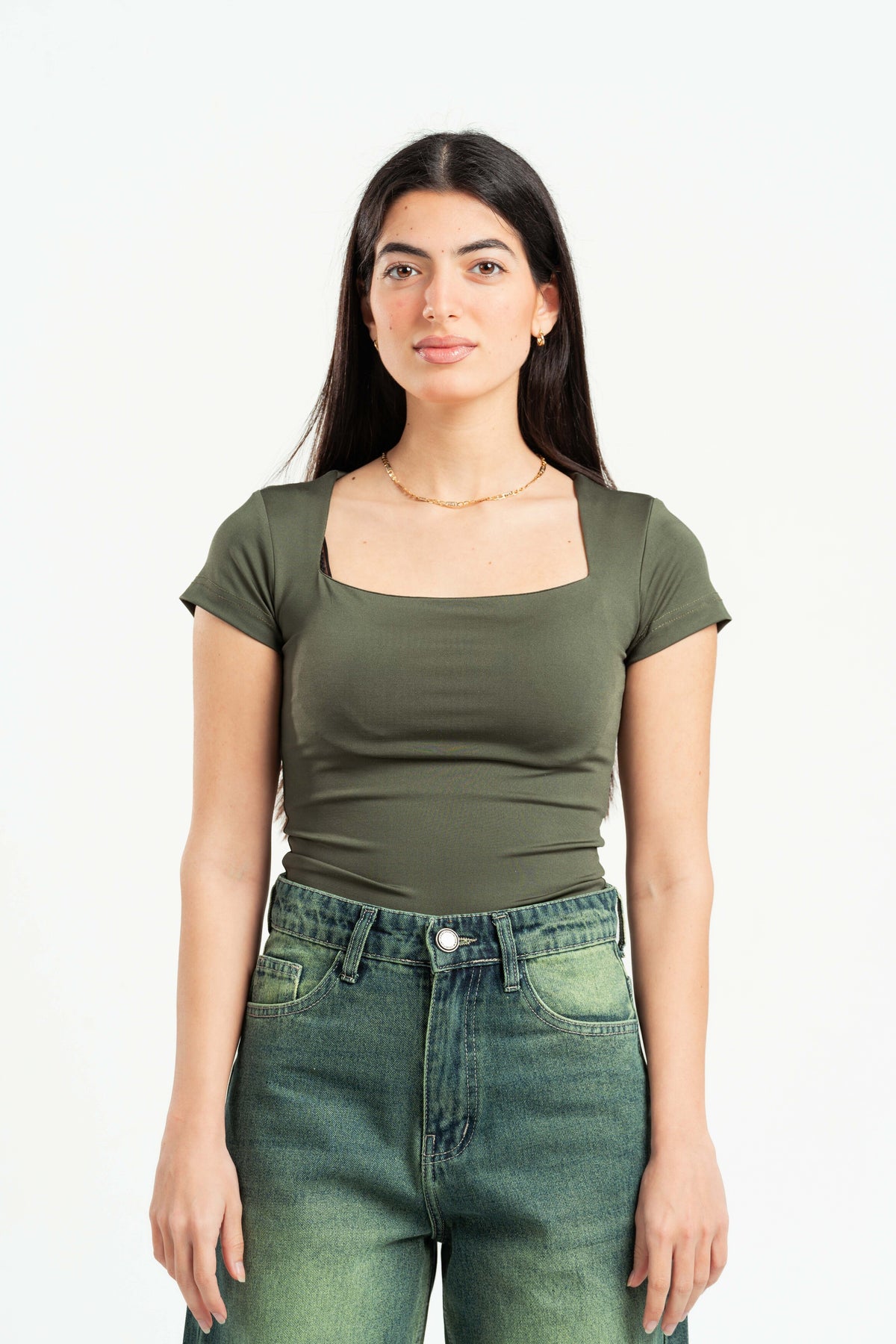 FOREST GREEN SQUARE NECK HALF SLEEVES TOP
