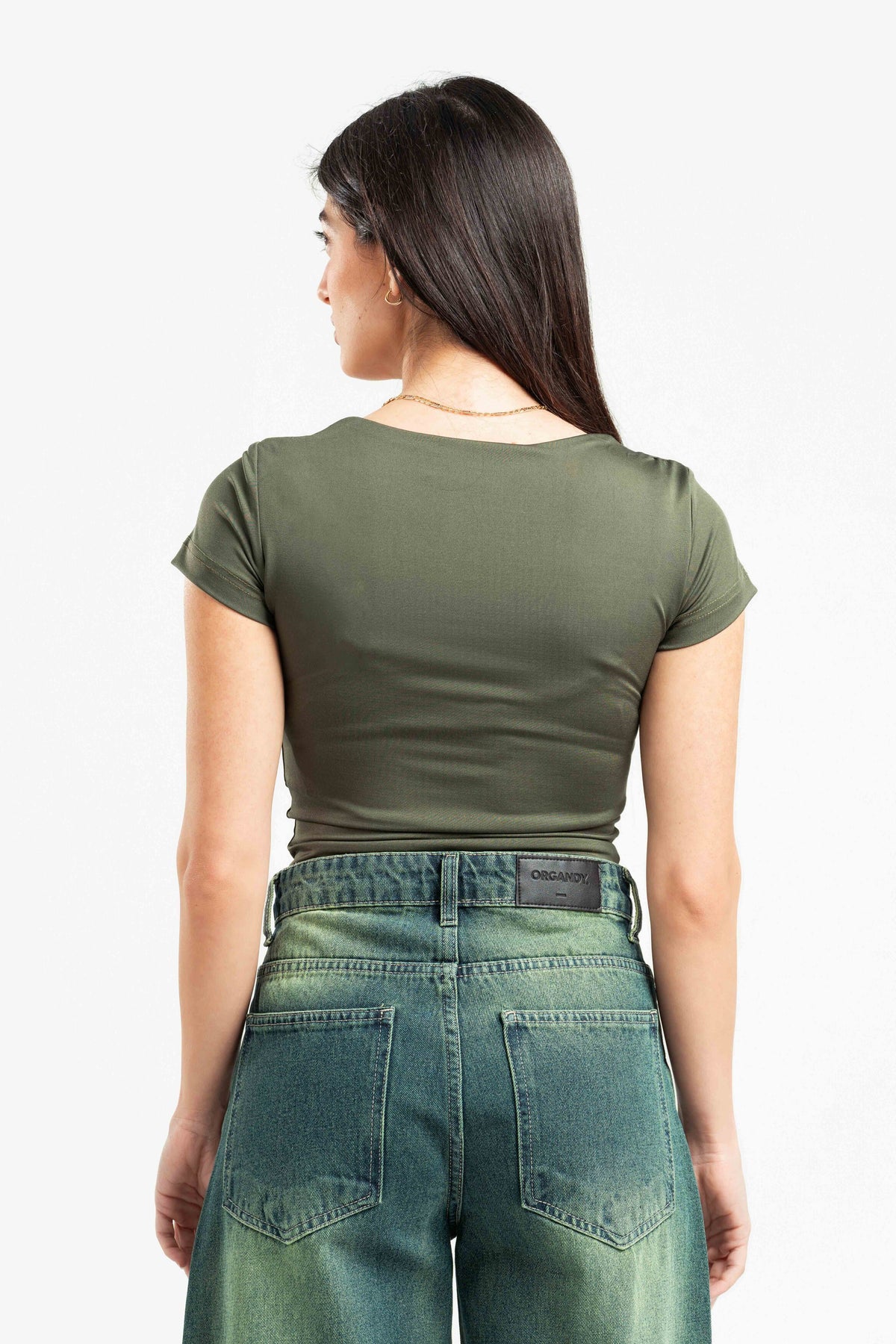 FOREST GREEN SQUARE NECK HALF SLEEVES TOP