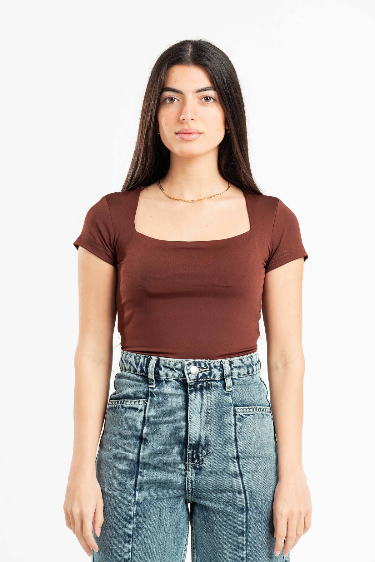 DARK BROWN SQUARE NECK HALF SLEEVES TOP