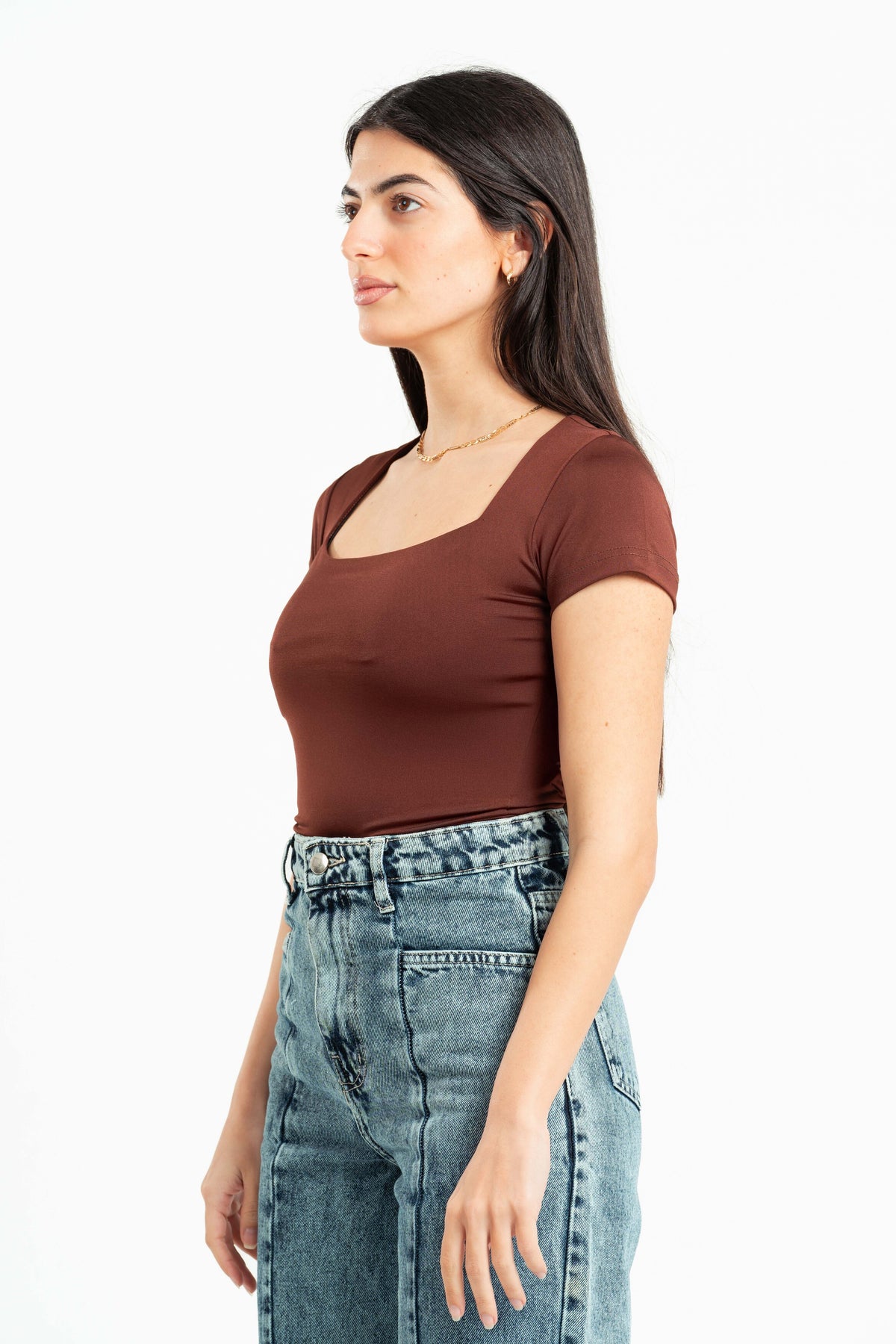 DARK BROWN SQUARE NECK HALF SLEEVES TOP
