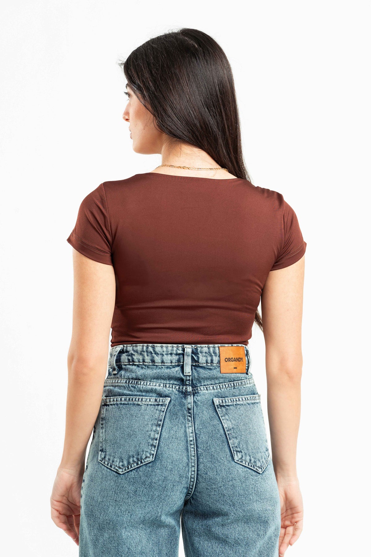 DARK BROWN SQUARE NECK HALF SLEEVES TOP