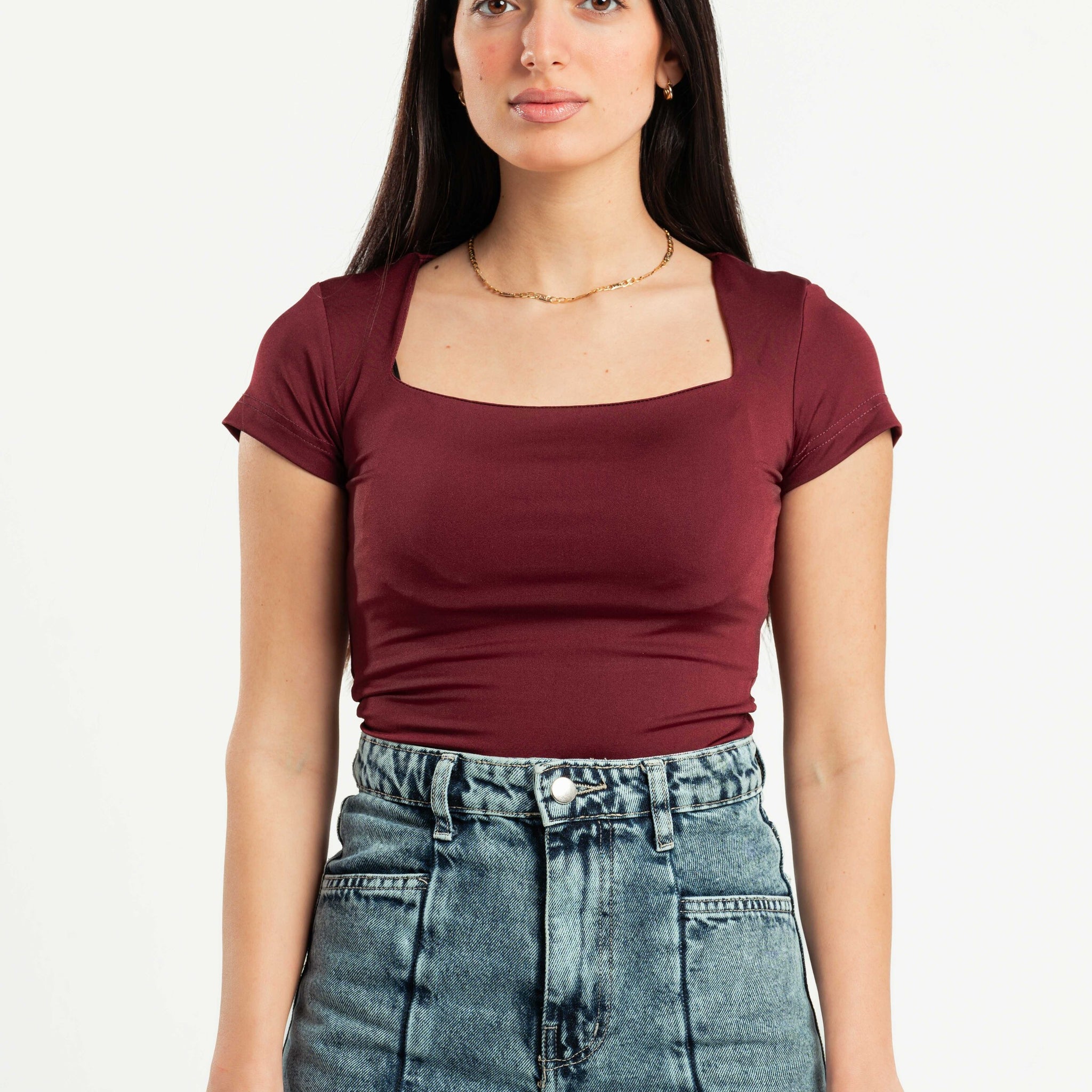 BURGUNDY SQUARE NECK HALF SLEEVES TOP