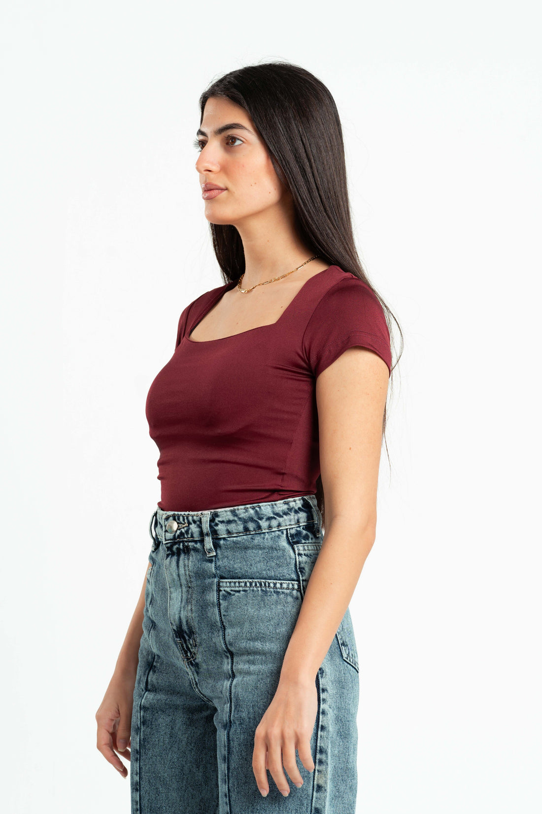 BURGUNDY SQUARE NECK HALF SLEEVES TOP