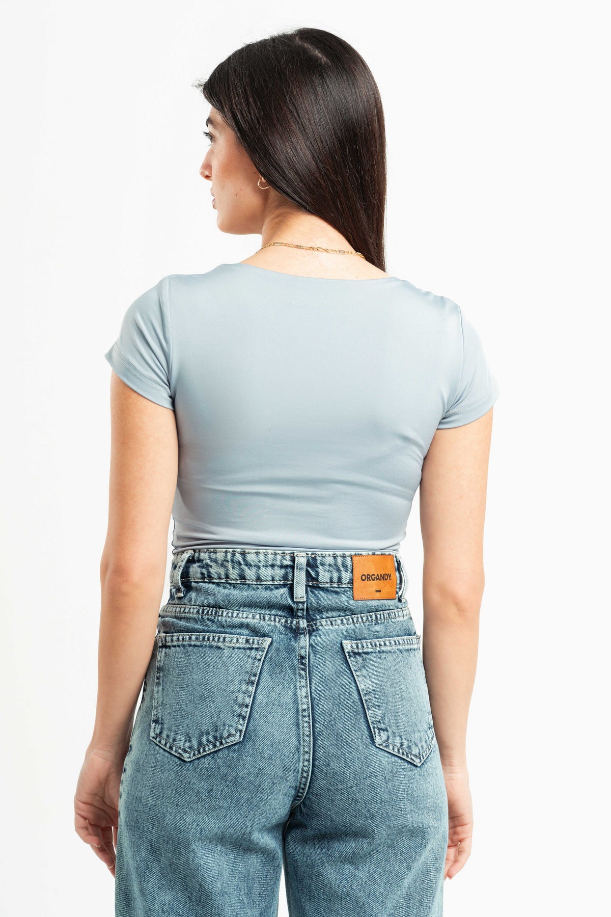 LIGHT GREY SQUARE NECK HALF SLEEVES TOP
