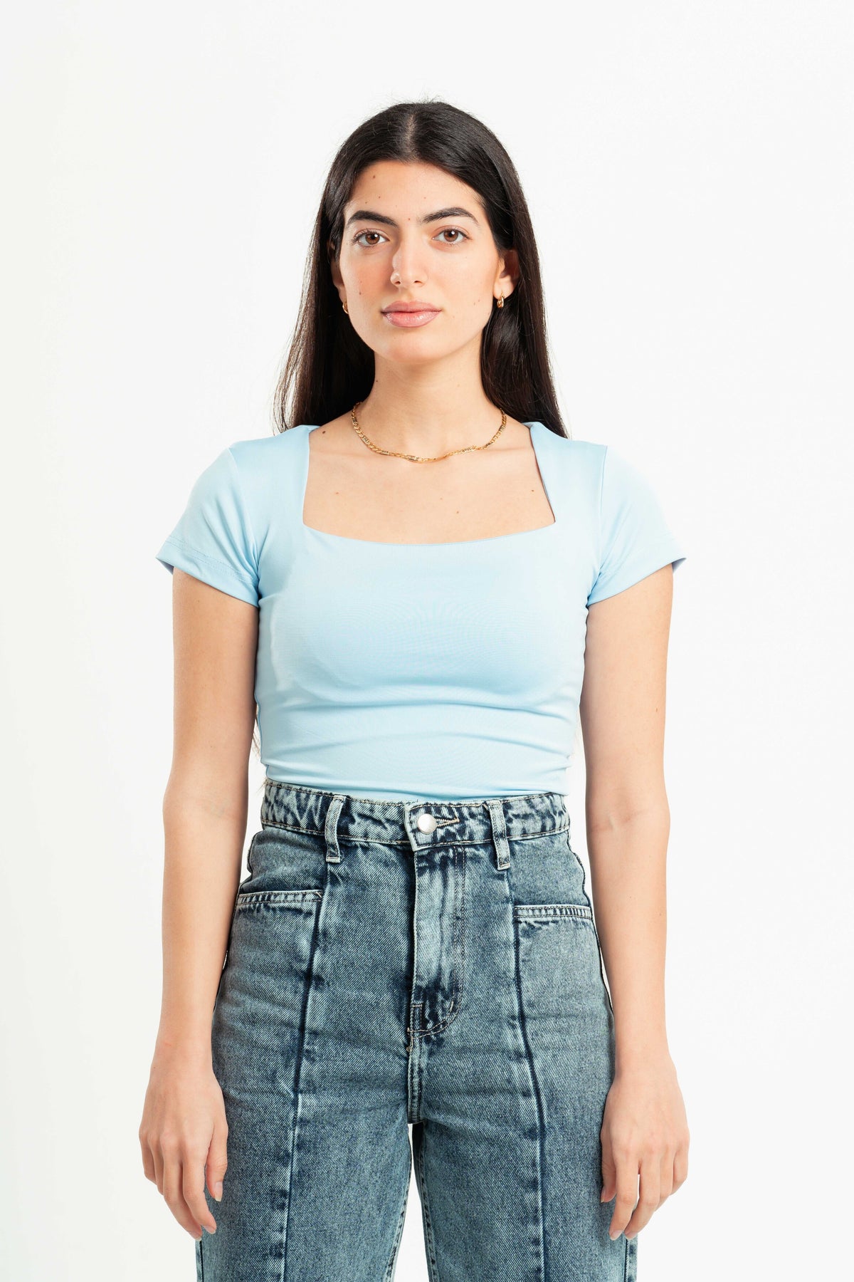 SKY BLUE SQUARE NECK HALF SLEEVES TOP