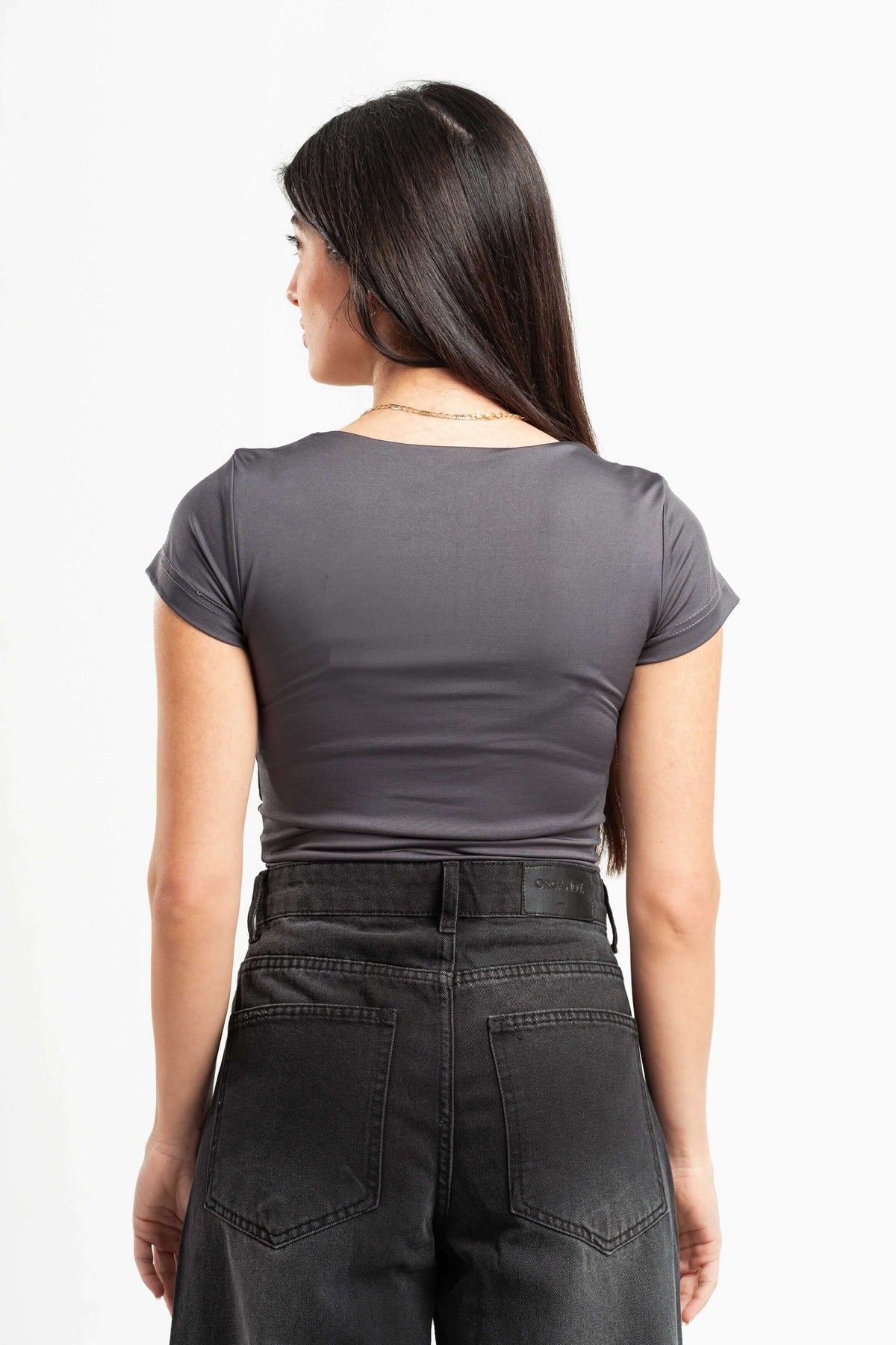 DARK GREY SQUARE NECK HALF SLEEVES TOP