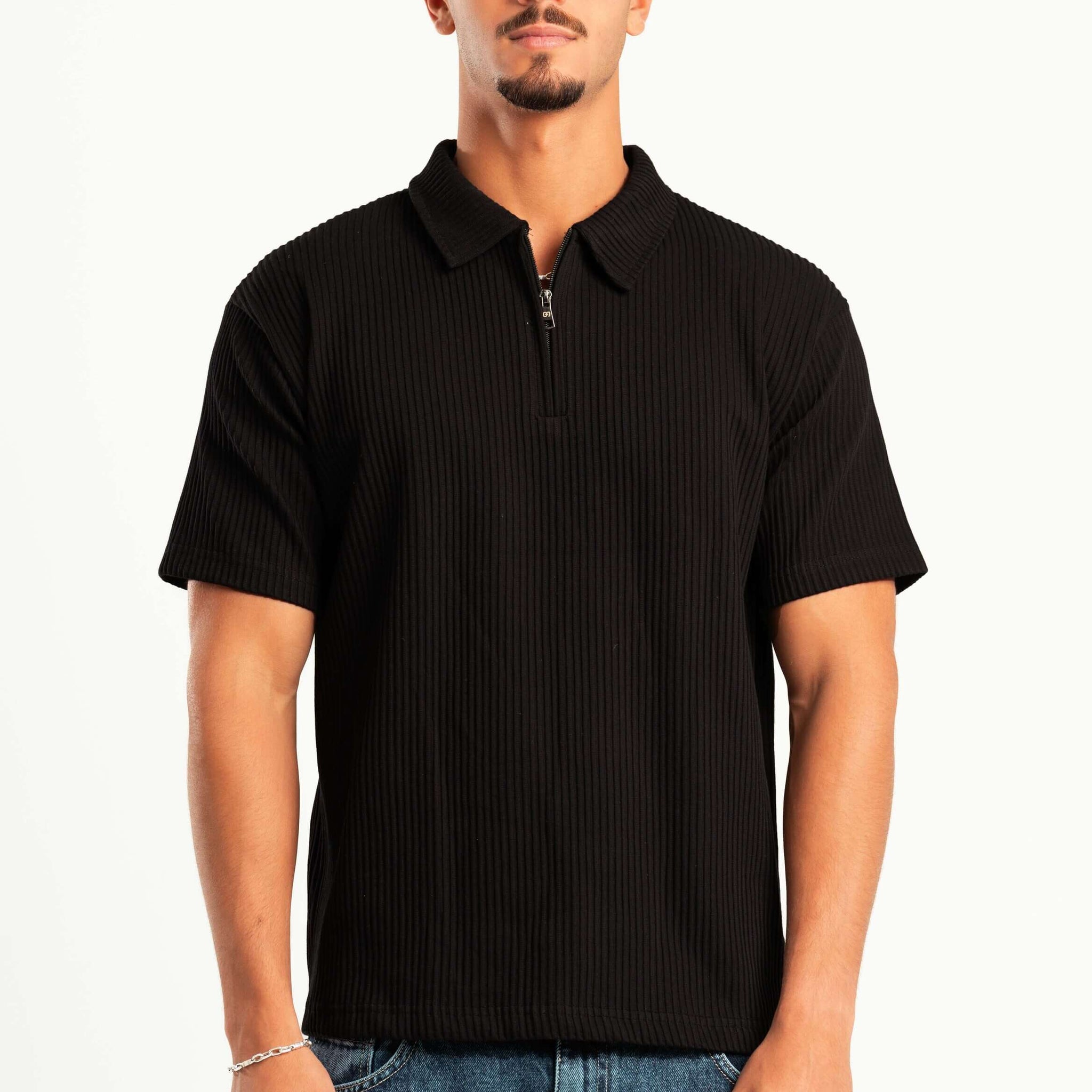 BLACK RIBBED QUARTER ZIPPER