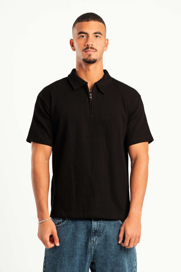 BLACK RIBBED QUARTER ZIPPER