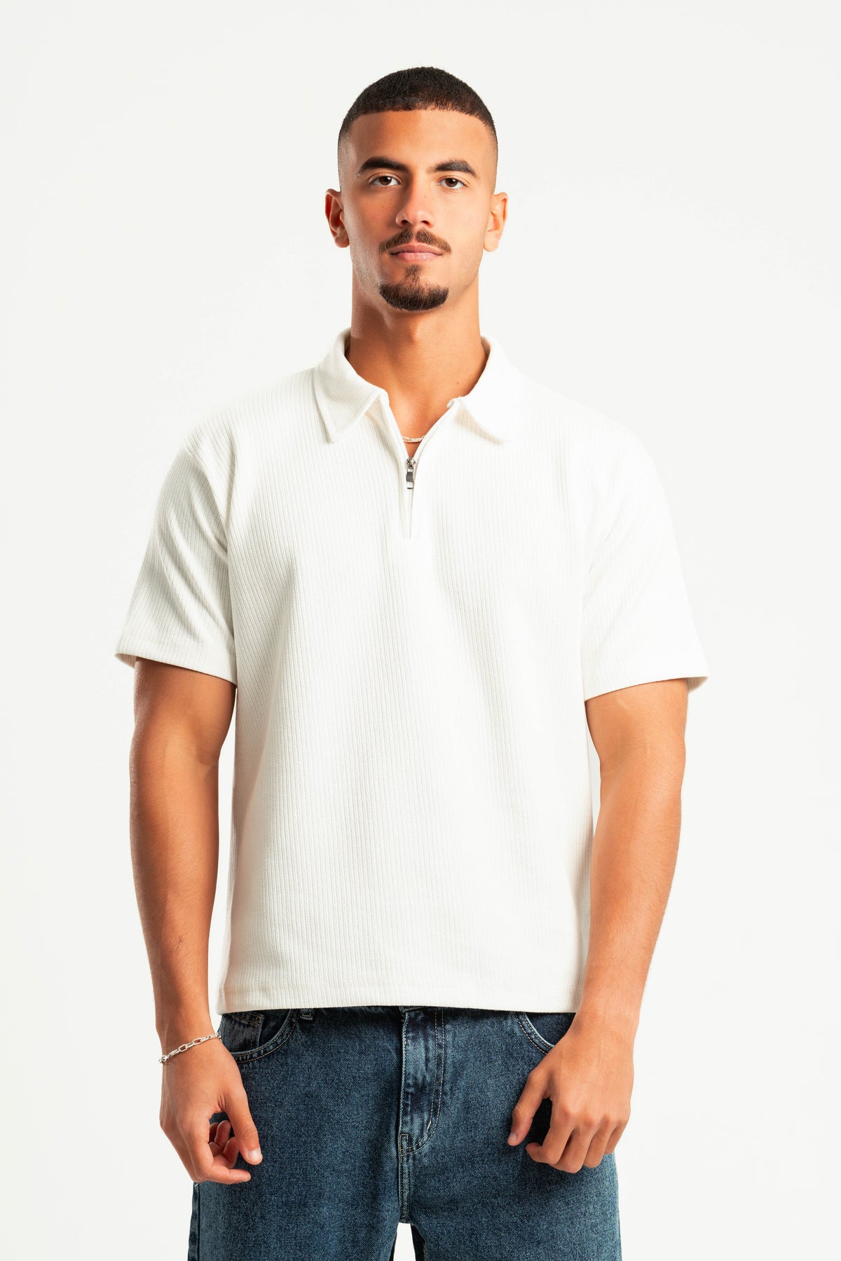 OFF-WHITE RIBBED QUARTER ZIPPER