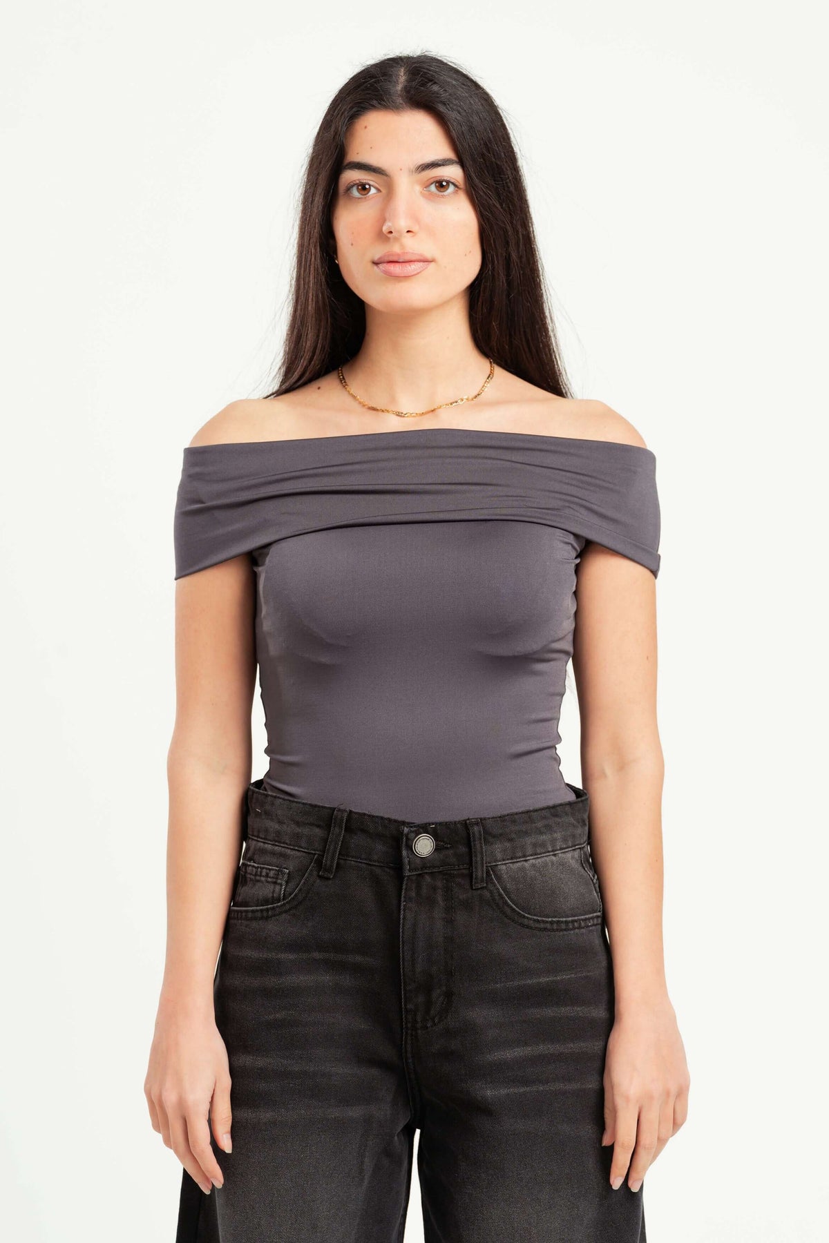 DARK GREY OFF-SHOULDER TOP