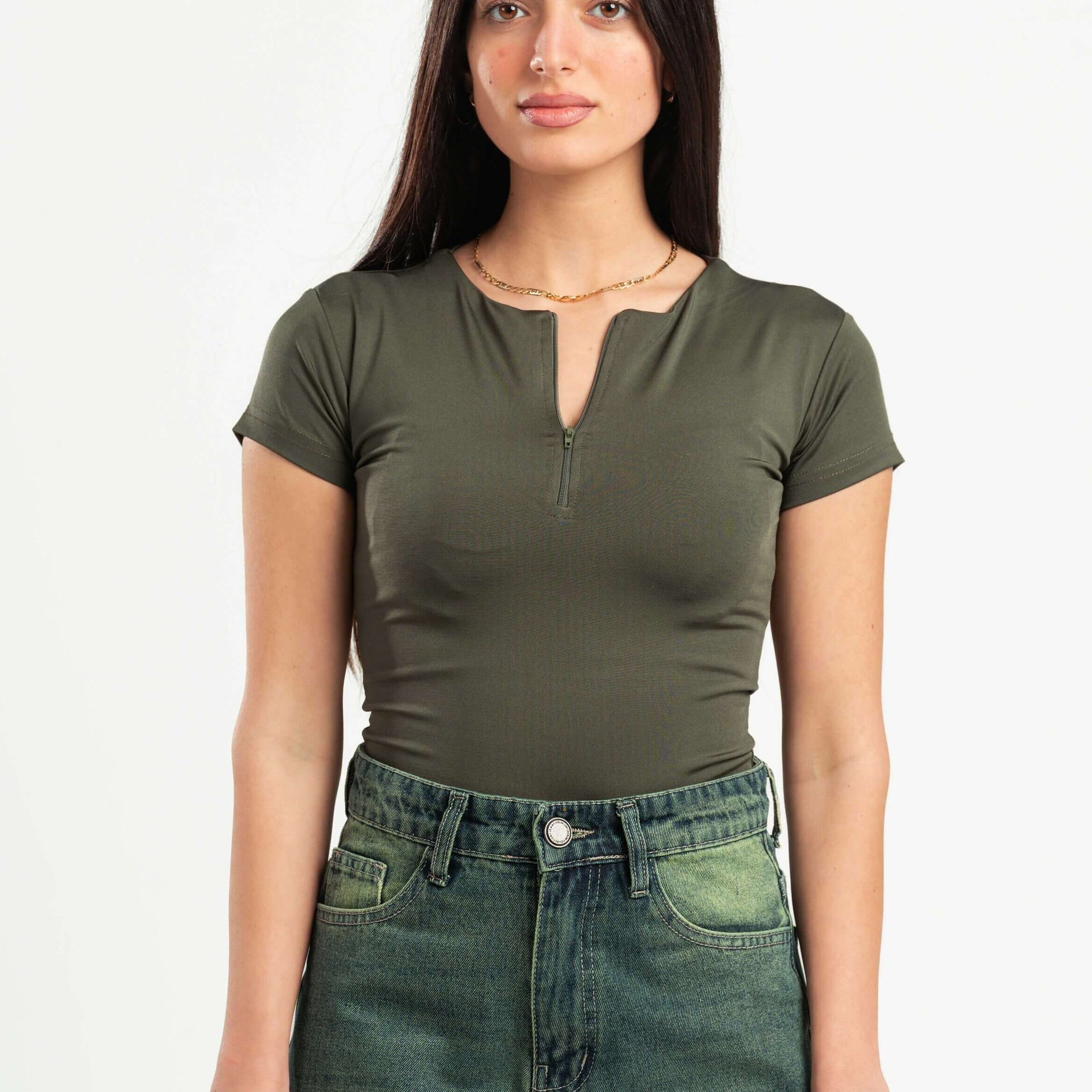FOREST GREEN HALF ZIPPER TOP