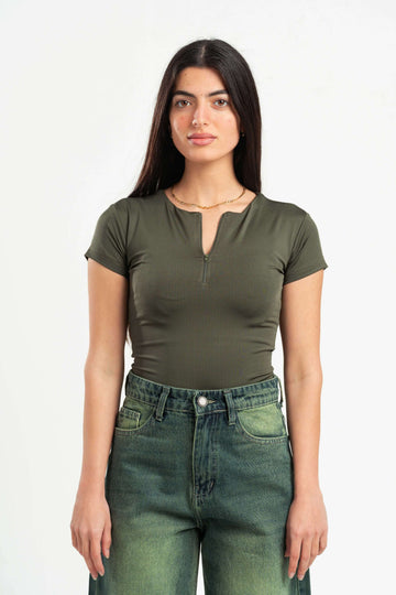 FOREST GREEN HALF ZIPPER TOP