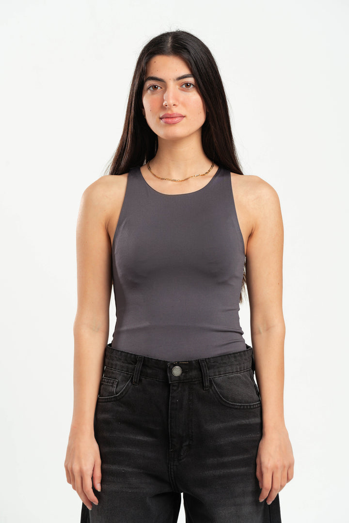 DARK GREY ROUND NECK BODYSUIT