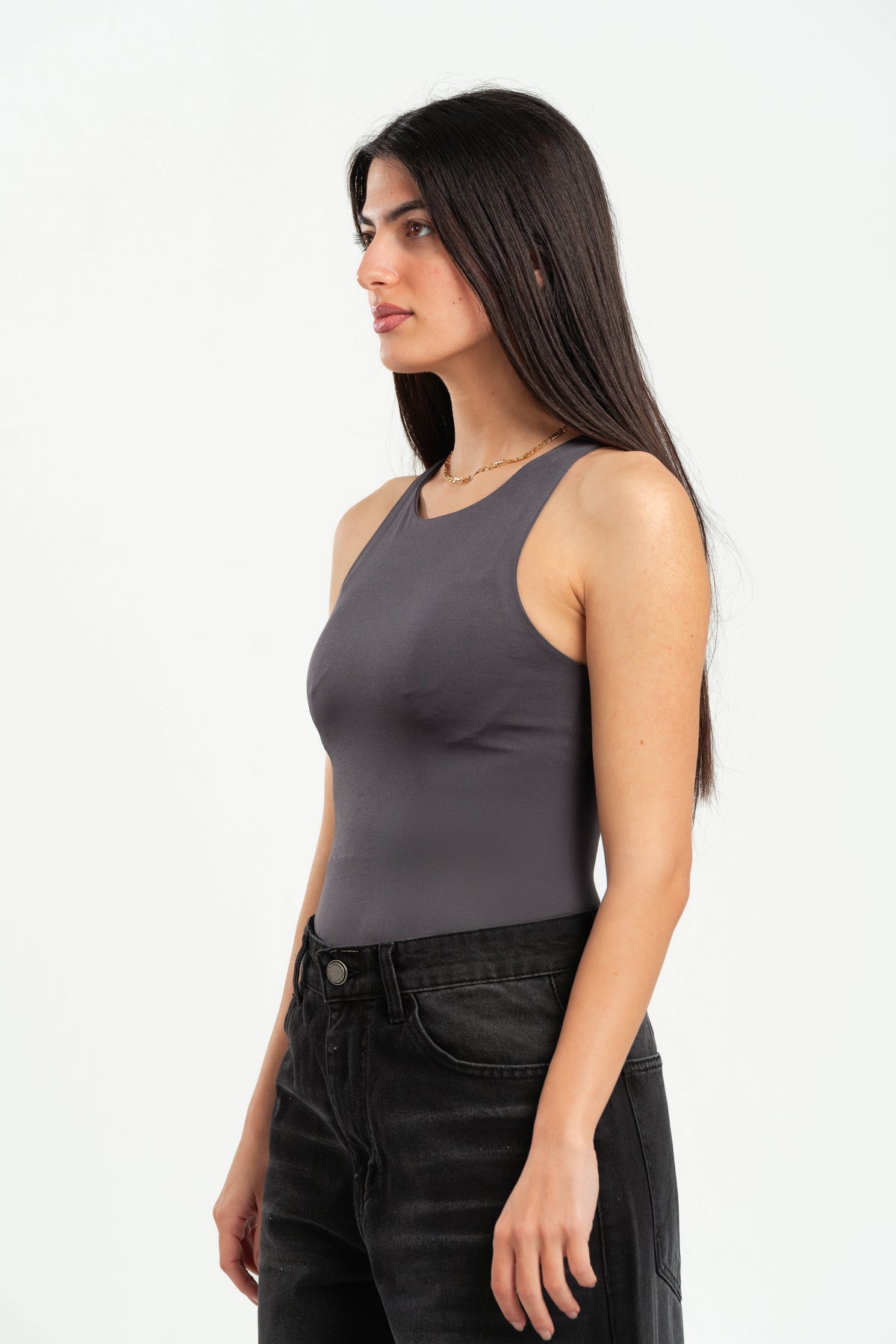 DARK GREY ROUND NECK BODYSUIT