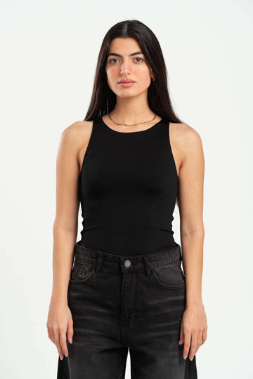 BLACK ROUND NECK BODYSUIT