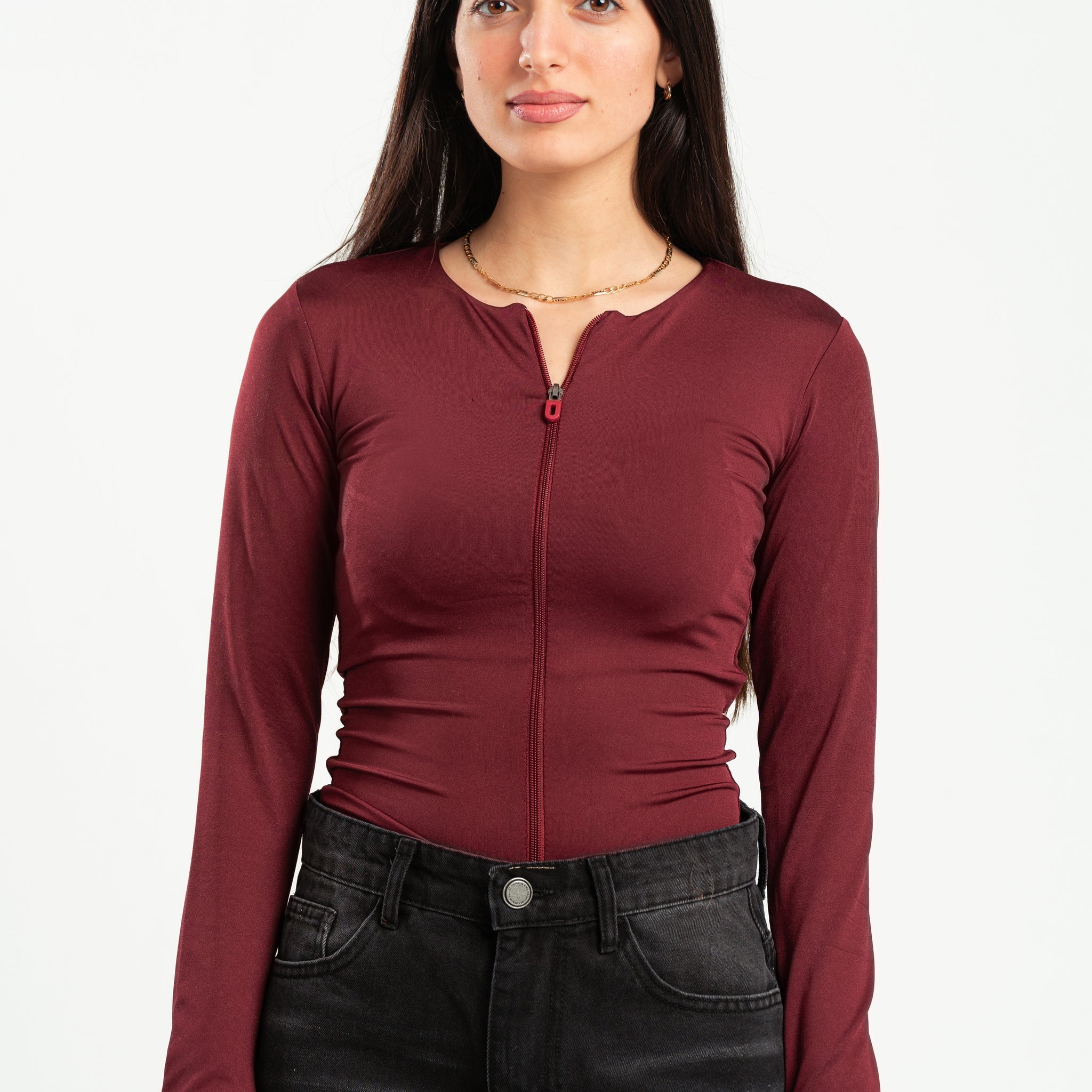 BURGUNDY FULL-ZIPPER TOP