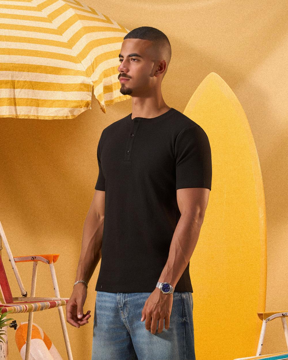 BLACK HENLEY SHIRT