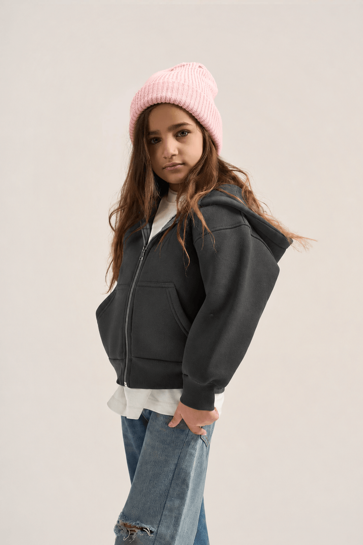 CHARCOAL GREY LITTLE ONES ESSENTIAL ZIP UP HOODIE