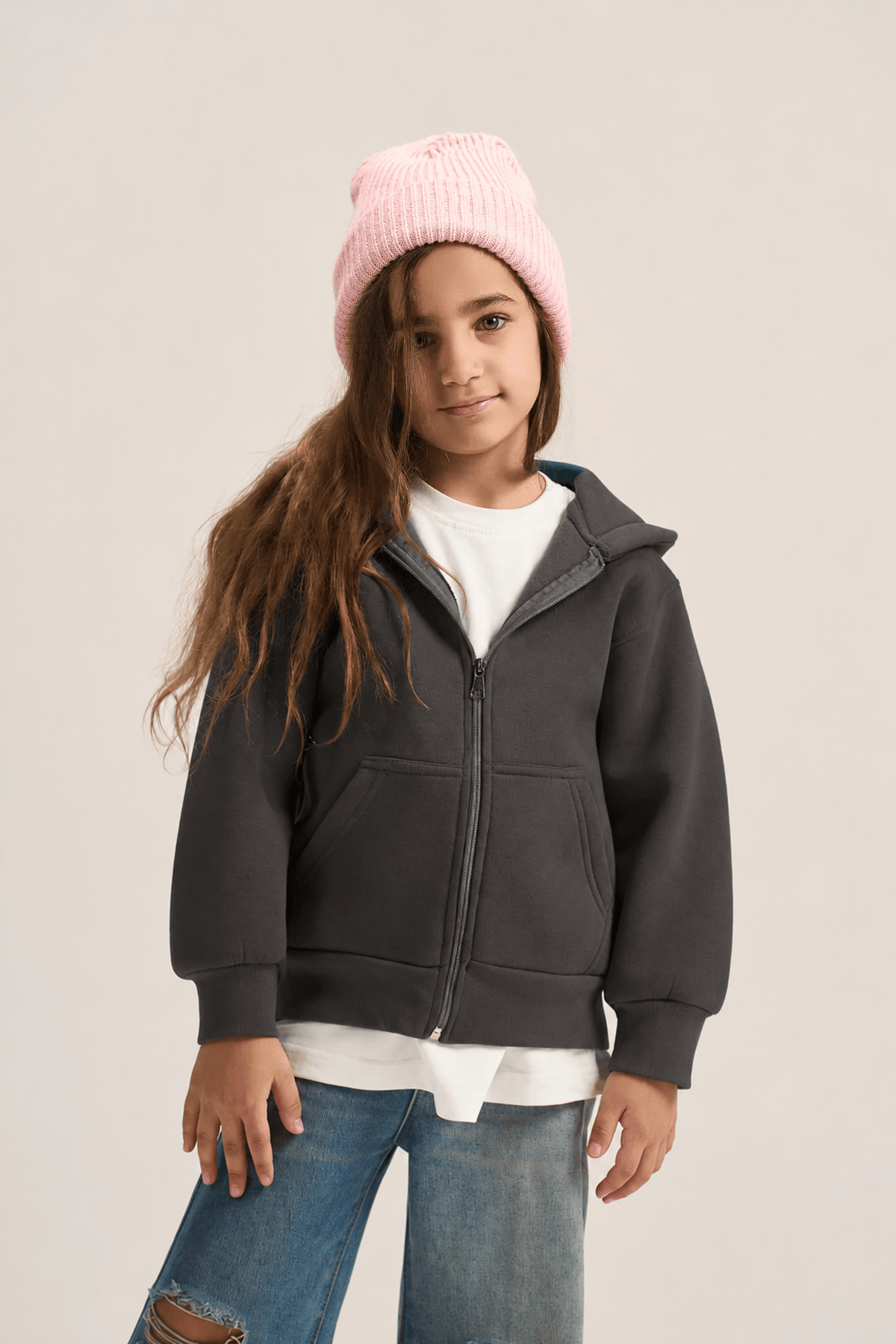 CHARCOAL GREY LITTLE ONES ESSENTIAL ZIP UP HOODIE