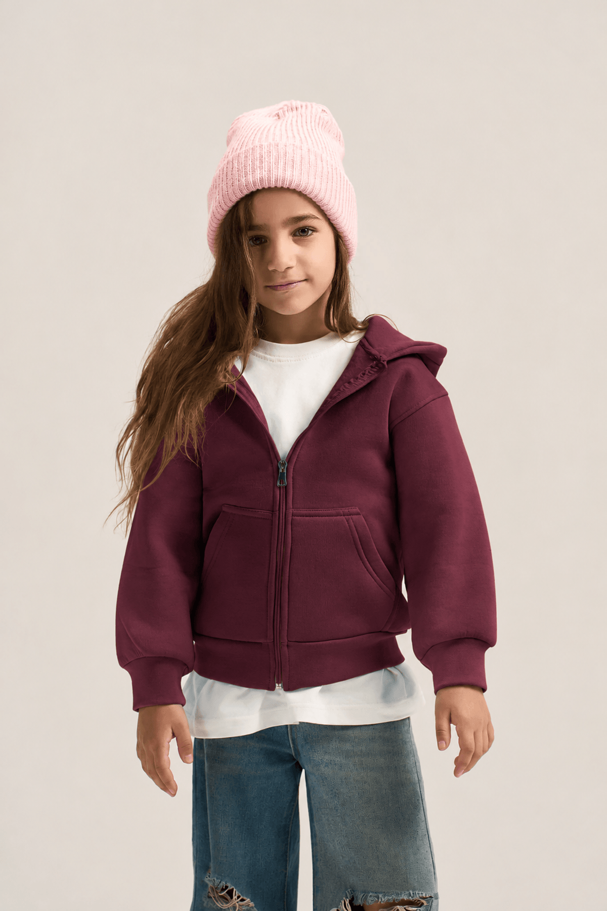 BURGUNDY LITTLE ONES ESSENTIAL ZIP UP HOODIE