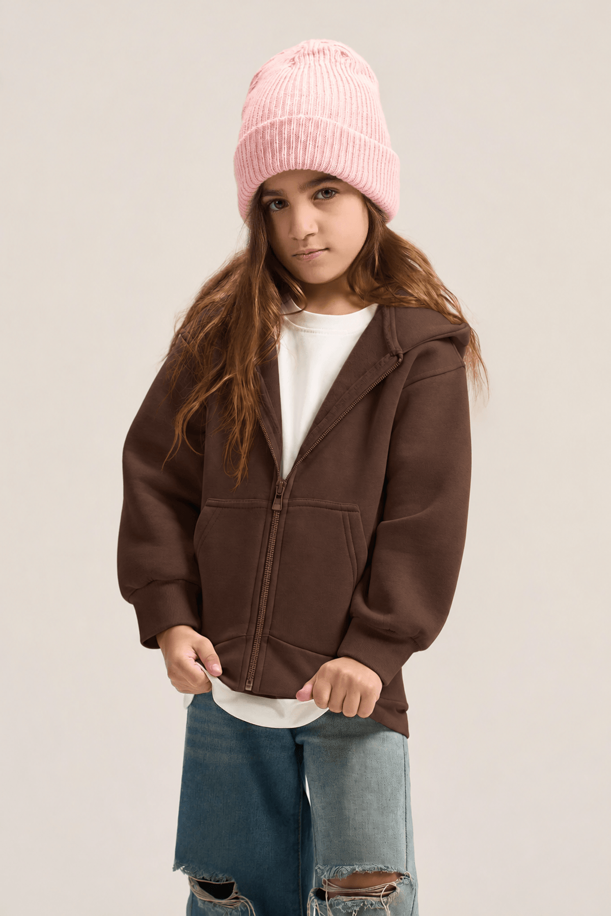 DARK BROWN LITTLE ONES ESSENTIAL ZIP UP HOODIE