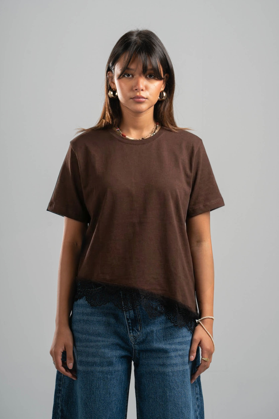 BROWN ASYMMETRIC TOP WITH BLACK LACE