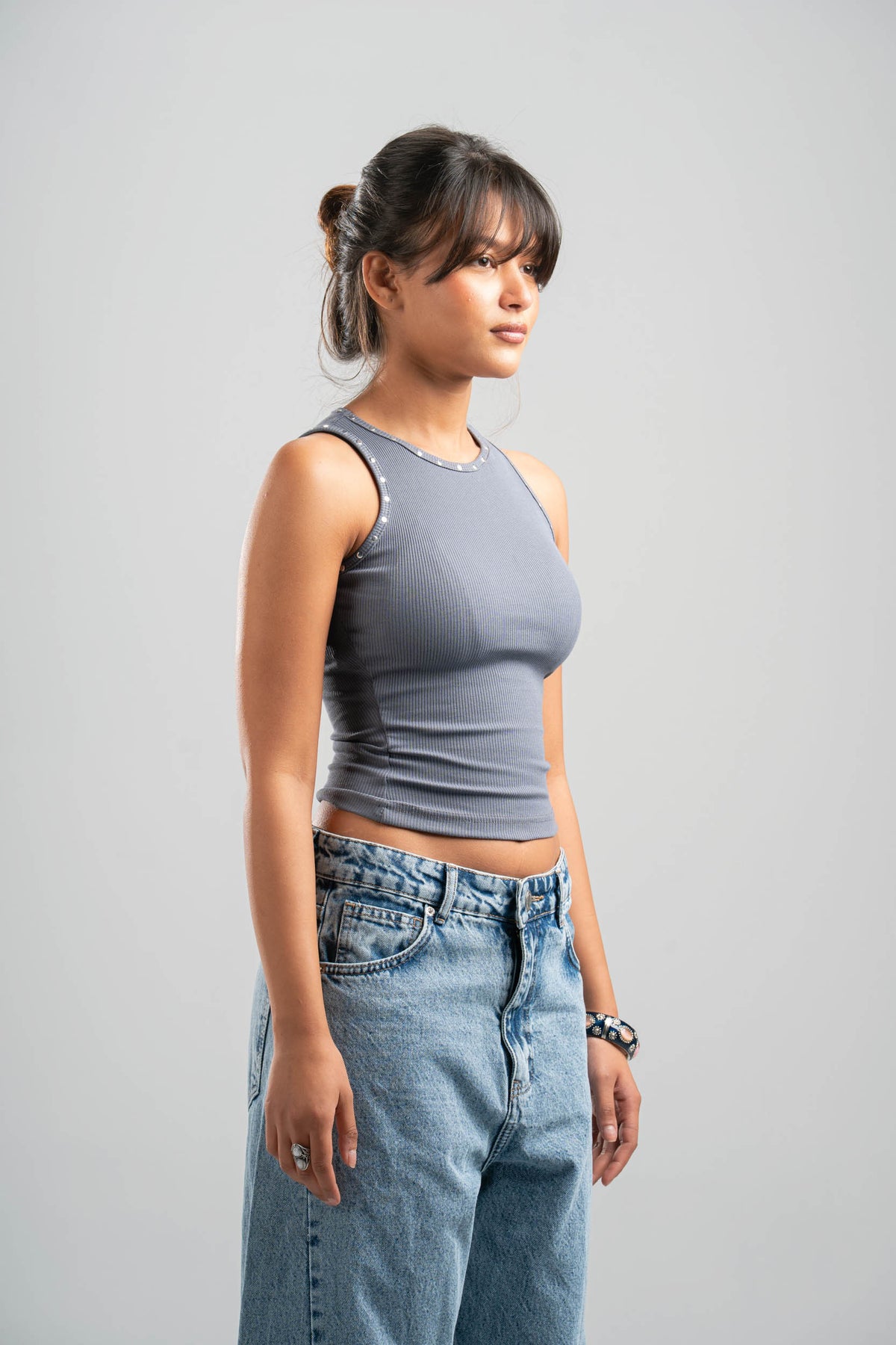 DARK GREY RIBBED TANK TOP WITH STUDS