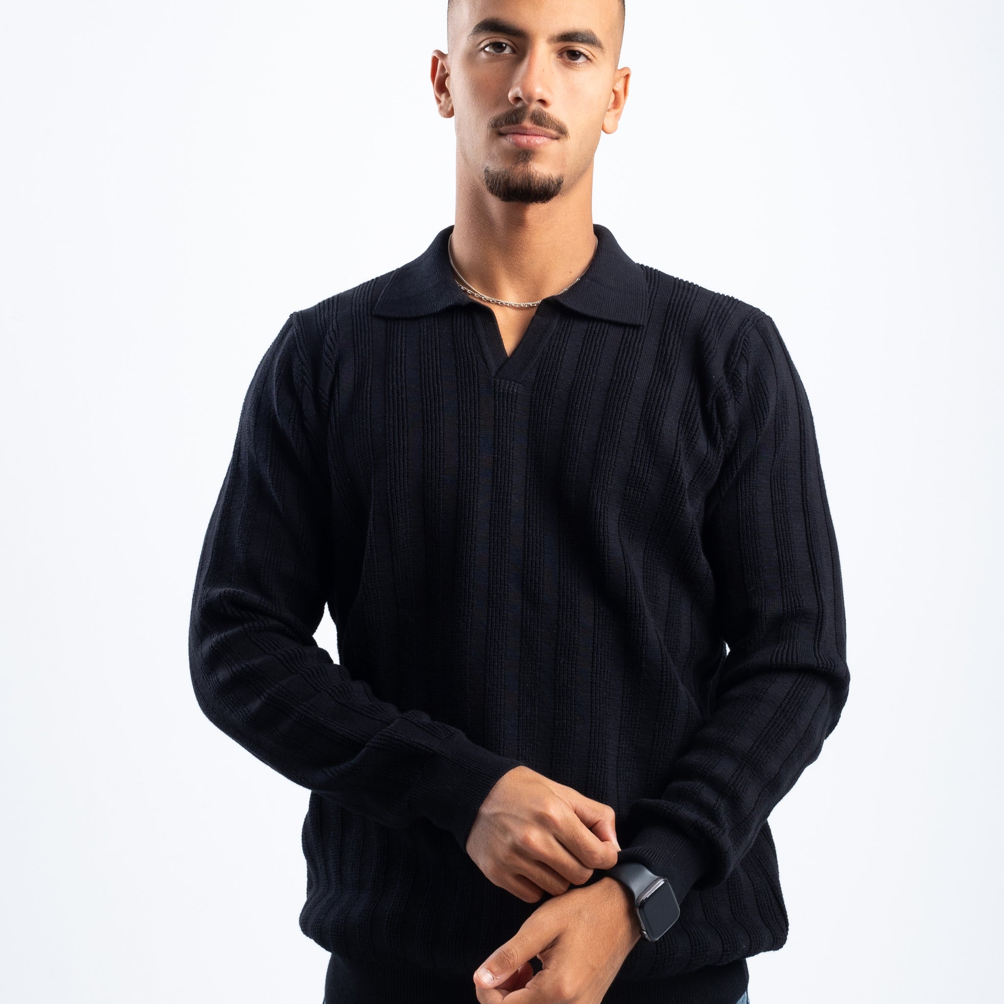 BLACK KNITTED LONG SLEEVE POLO