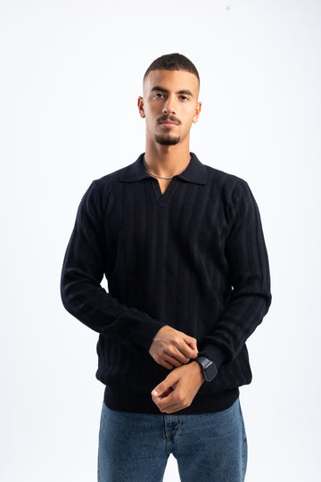 BLACK KNITTED LONG SLEEVE POLO