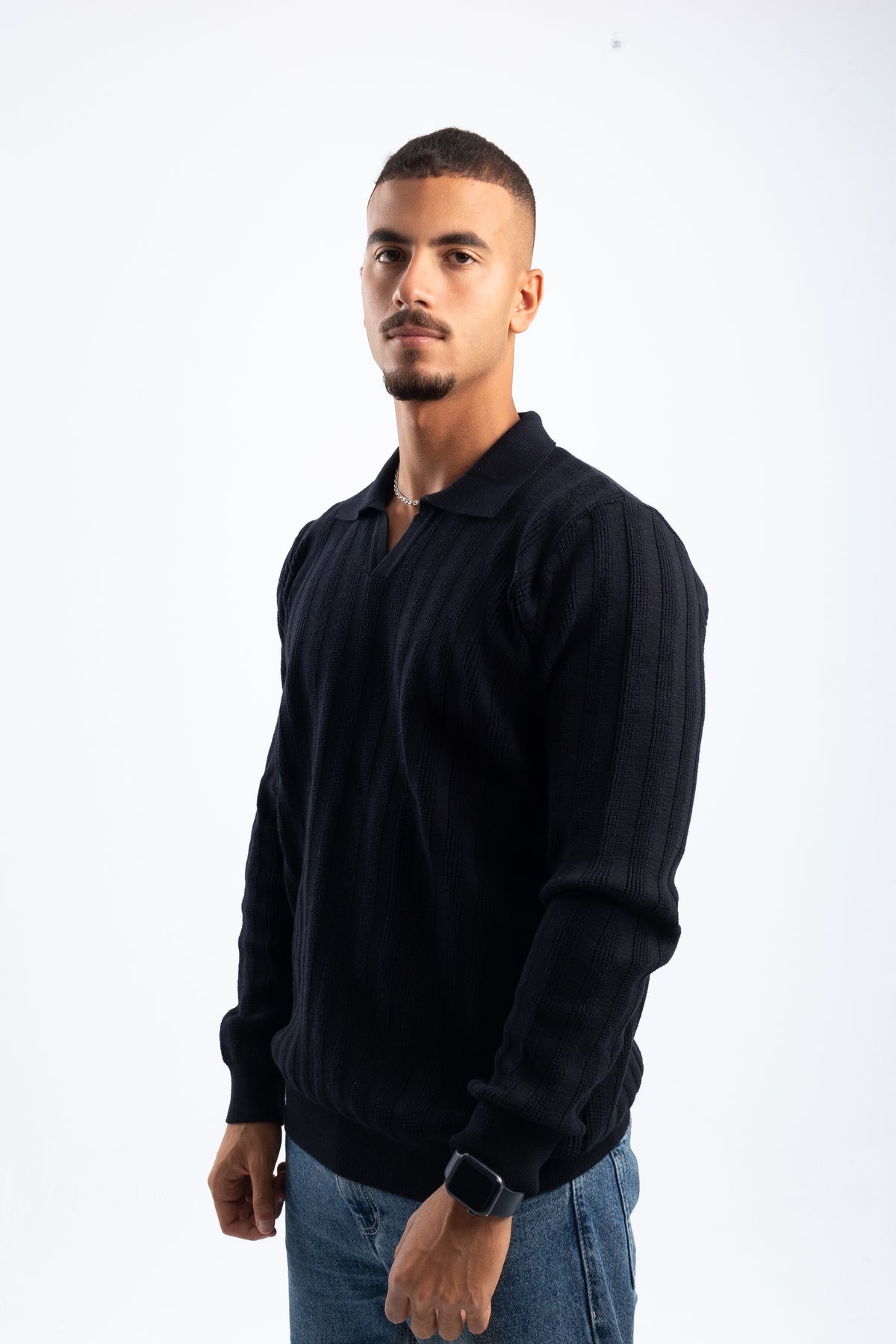 BLACK KNITTED LONG SLEEVE POLO