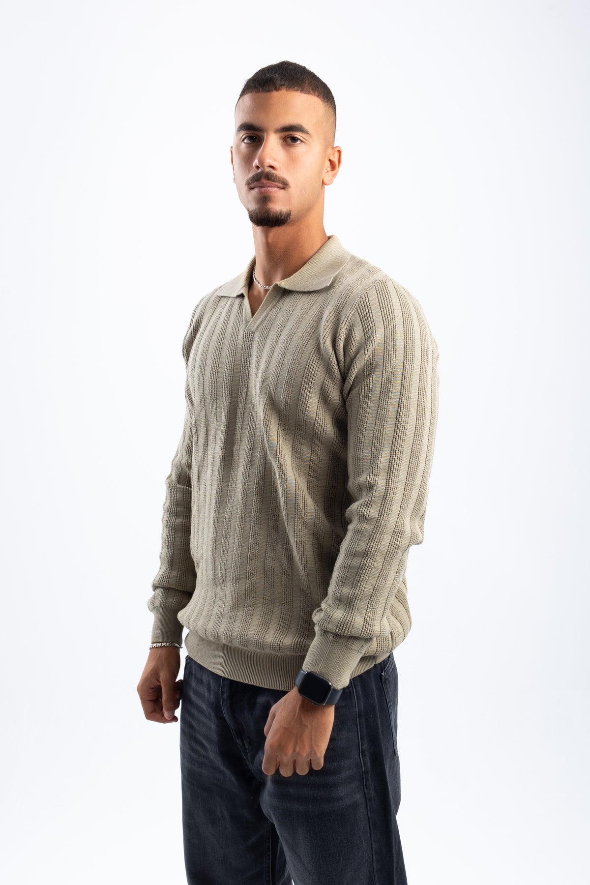 KHAKI KNITTED LONG SLEEVE POLO