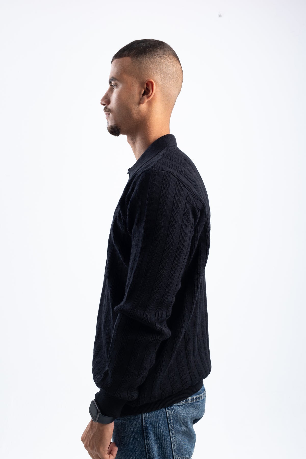 BLACK KNITTED LONG SLEEVE POLO