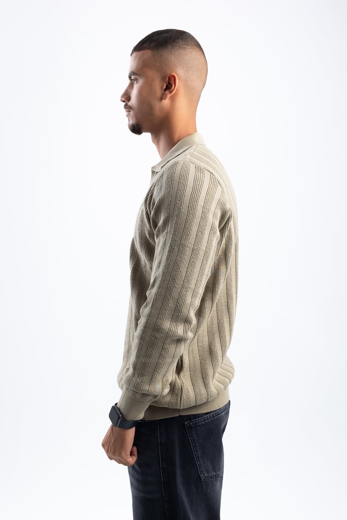 KHAKI KNITTED LONG SLEEVE POLO